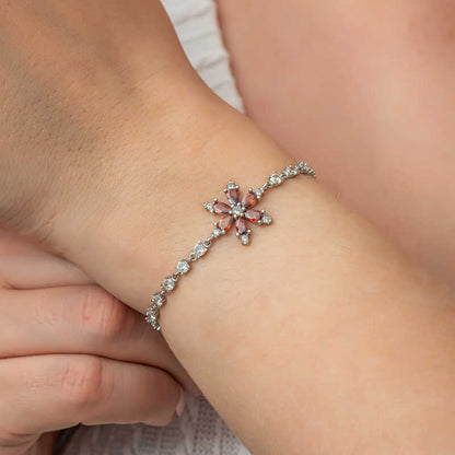 Bracelet en argent pour femme avec fleur de lotus rouge et voie navigable