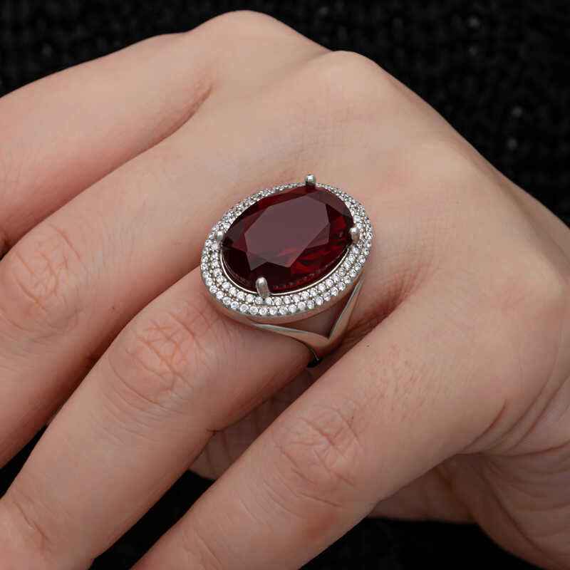 Red Oval Stone Women's Silver Ring