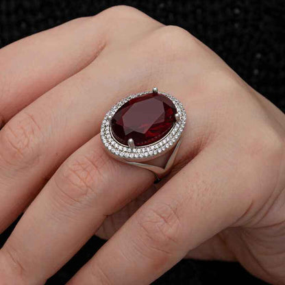 Red Oval Stone Women's Silver Ring