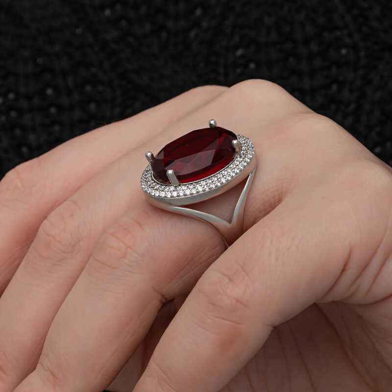Red Oval Stone Women's Silver Ring