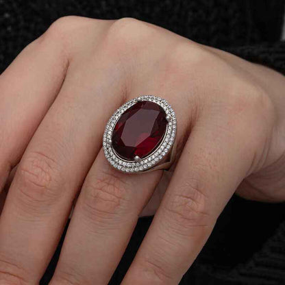 Red Oval Stone Women's Silver Ring