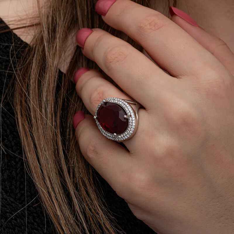 Red Oval Stone Women's Silver Ring