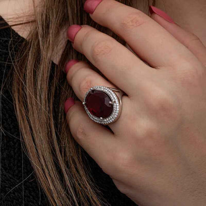 Red Oval Stone Women's Silver Ring