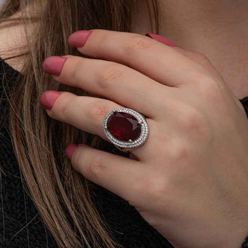 Red Oval Stone Women's Silver Ring