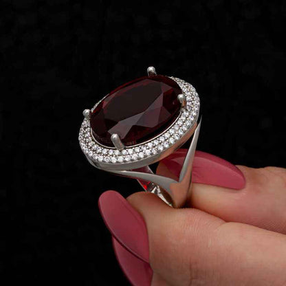Red Oval Stone Women's Silver Ring