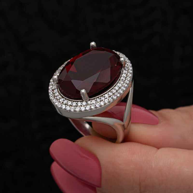 Red Oval Stone Women's Silver Ring