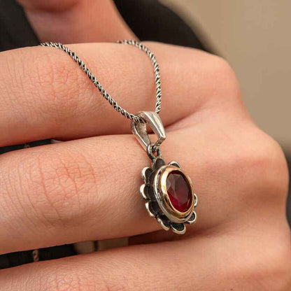Red Stone Flower Model Women's Silver Necklace