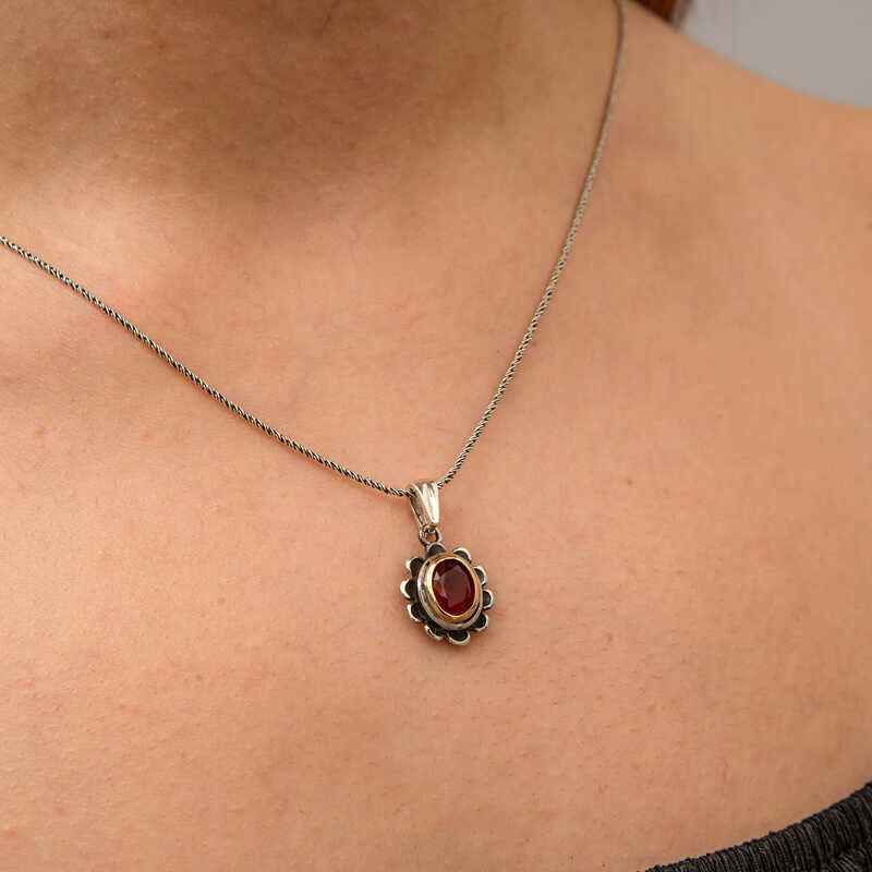 Red Stone Flower Model Women's Silver Necklace
