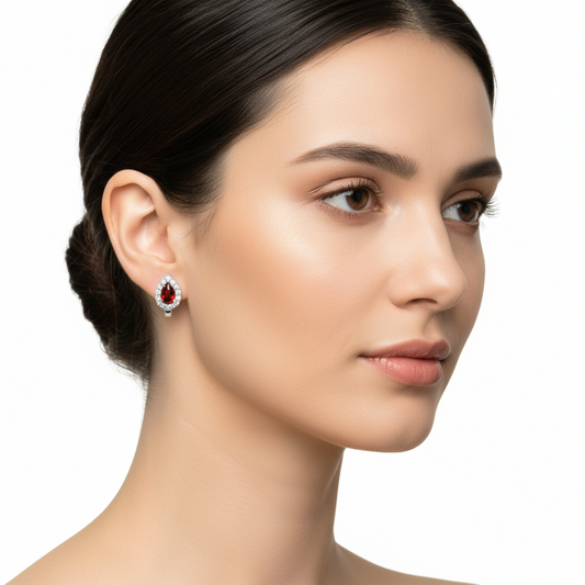 Red Stone Drop J Women's Silver Earring