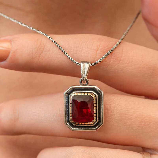 Red Stone Rectangular Women's Silver Pendant
