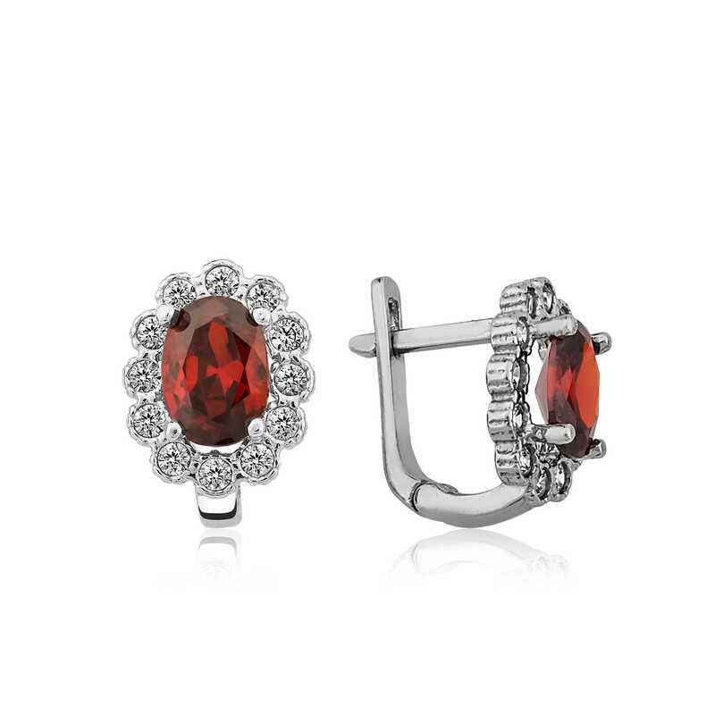 Red Flower Pattern J Women's Silver Earrings