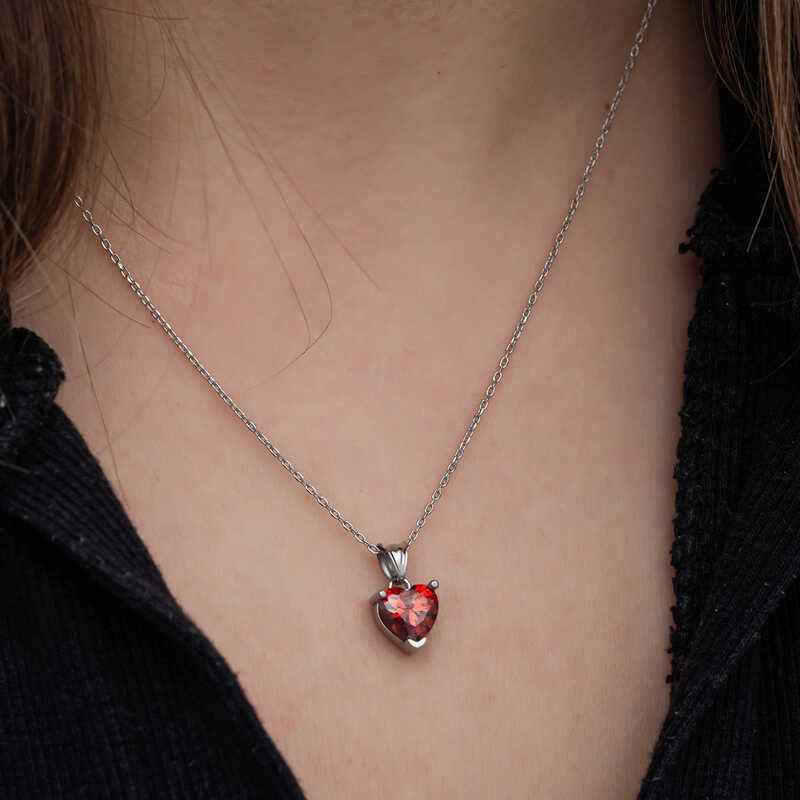 Red Stone Heart Women's Silver Pendant