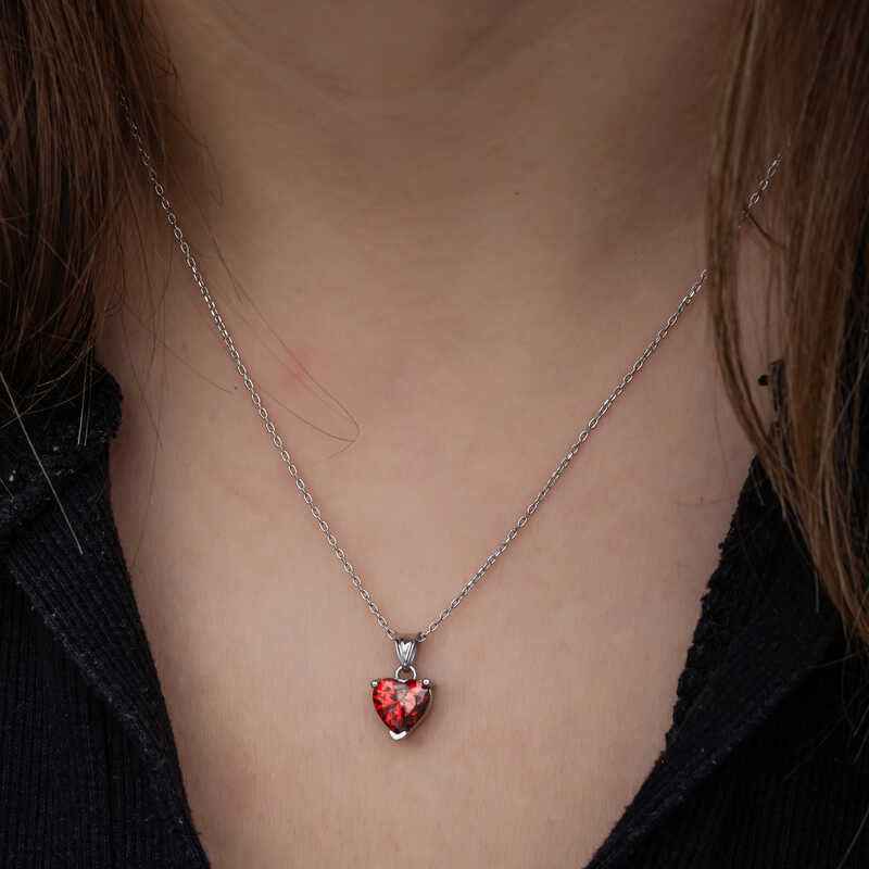 Red Stone Heart Women's Silver Pendant