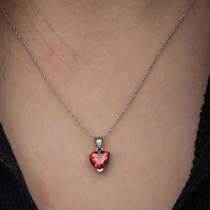 Red Stone Heart Women's Silver Pendant