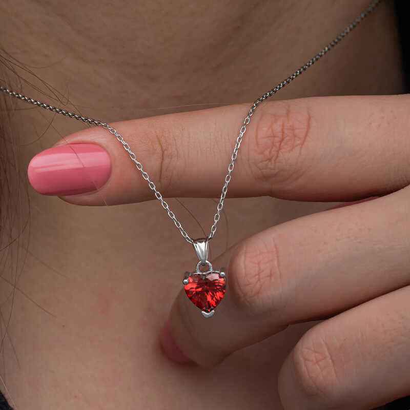 Red Stone Heart Women's Silver Pendant