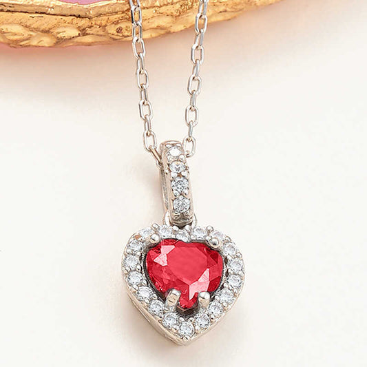 Red Stone Heart Women's Silver Necklace