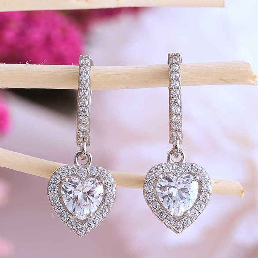 White Stone Heart Women's Silver Earrings