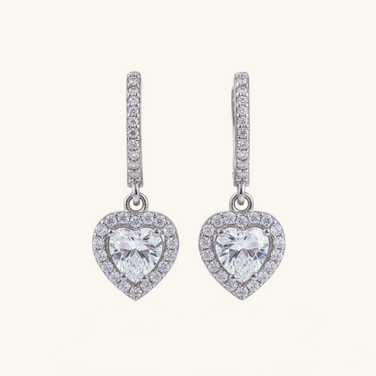 White Stone Heart Women's Silver Earrings