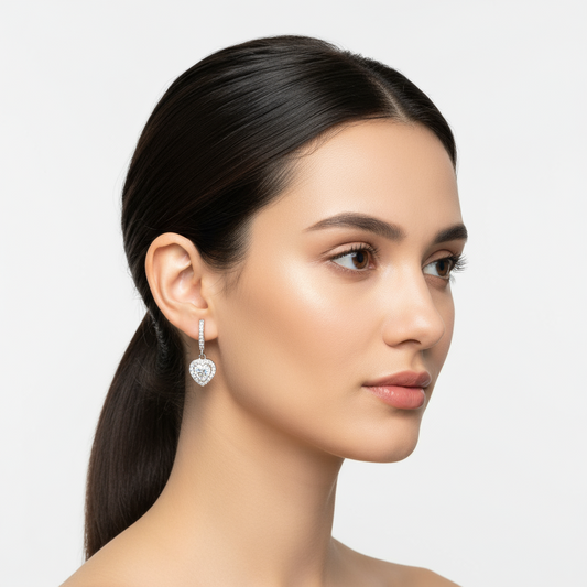 White Stone Heart Women's Silver Earrings