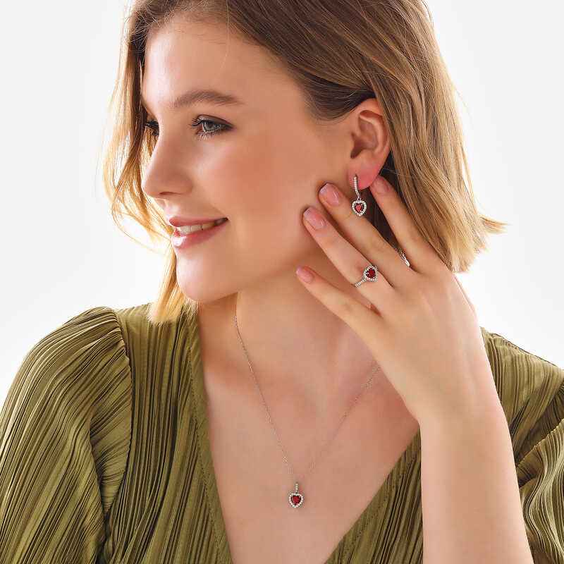 Red Stone Heart Women's Silver Set