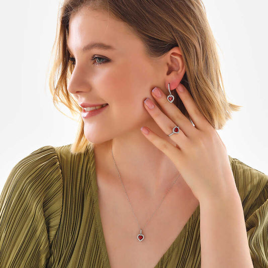 Red Stone Heart Pattern Women's Silver Set