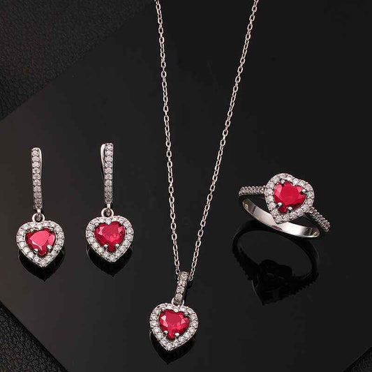 Red Stone Heart Women's Silver Set