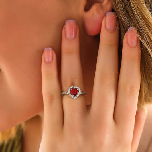 Red Stone Heart Women's Silver Ring