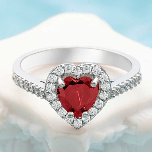 Red Stone Heart Women's Silver Ring