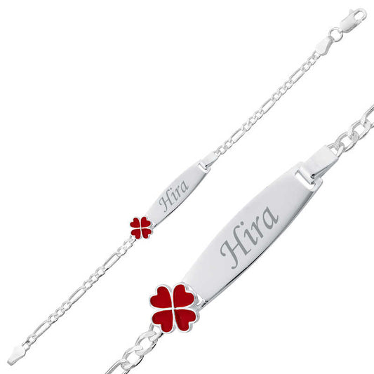 Bracelet en argent pour enfant avec plaque de trèfle rouge