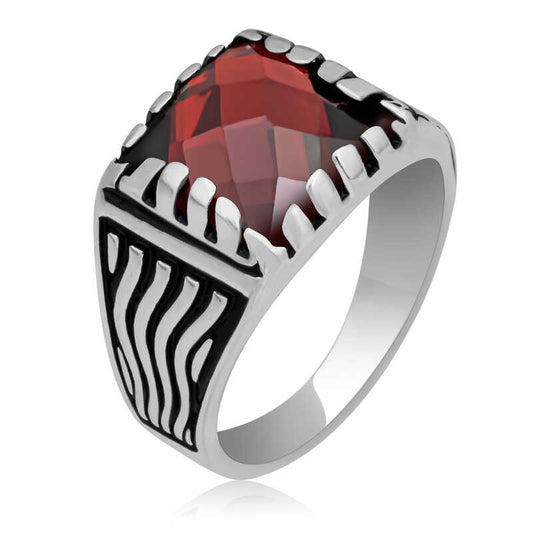 Red Zircon Stone Boys' Silver Ring