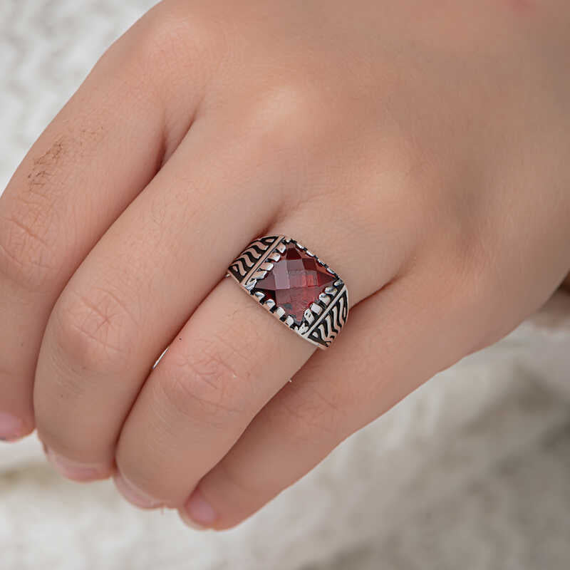 Red Zircon Stone Boys' Silver Ring