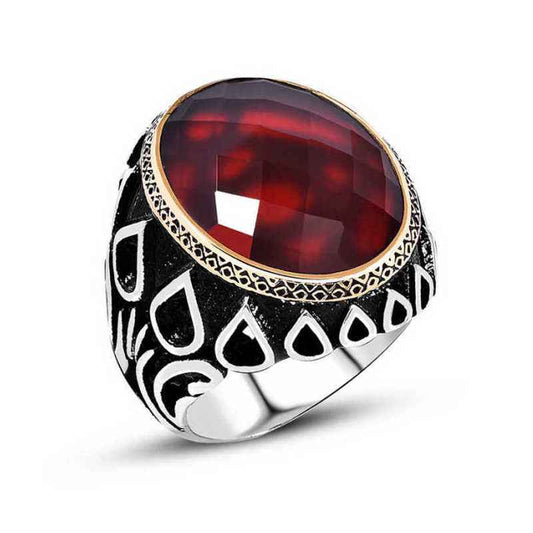 Red Zircon Stone Men's Silver Ring