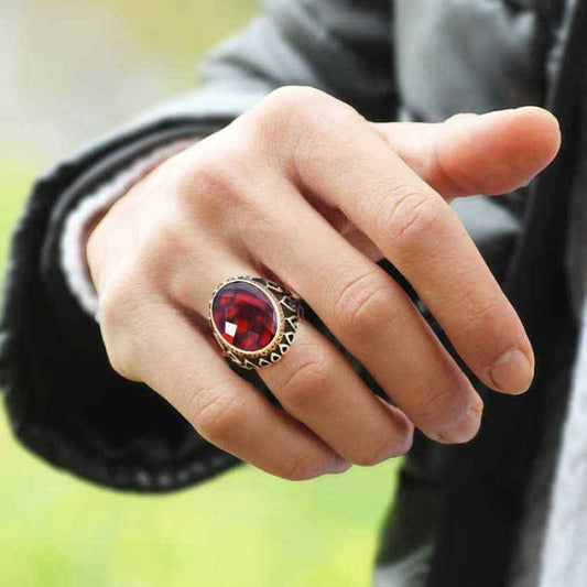 Red Zircon Stone Men's Silver Ring