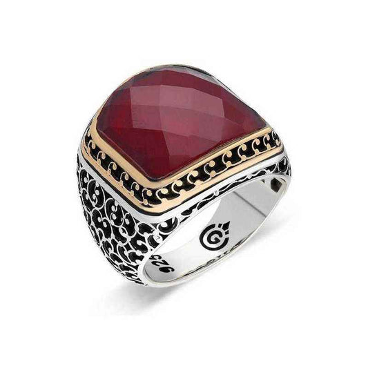 Ruby Red Stone Men's Silver Ring
