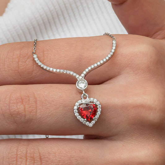 Red Zircon Heart Women's Silver Necklace
