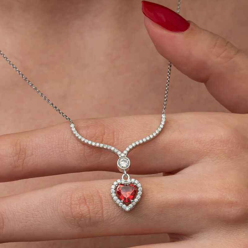 Red Zircon Heart Women's Silver Necklace