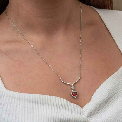Red Zircon Heart Women's Silver Necklace