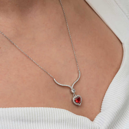 Red Zircon Heart Women's Silver Necklace