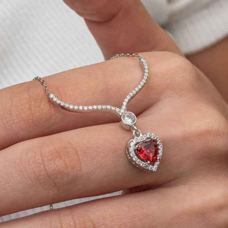 Red Zircon Heart Women's Silver Necklace