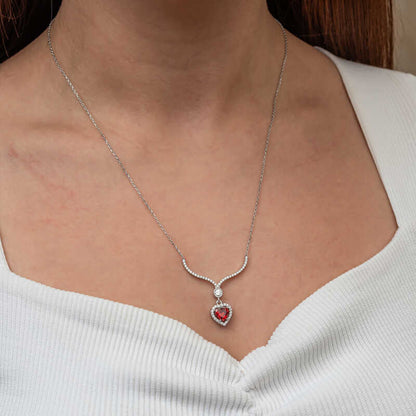 Red Zircon Heart Women's Silver Necklace