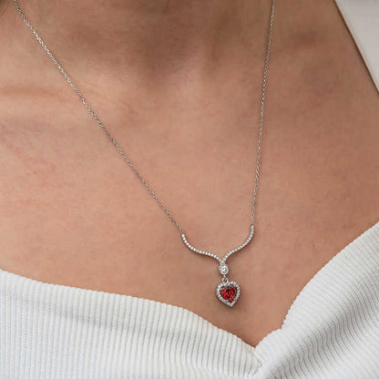 Red Zircon Heart Women's Silver Necklace