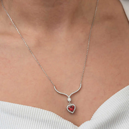 Red Zircon Heart Women's Silver Necklace