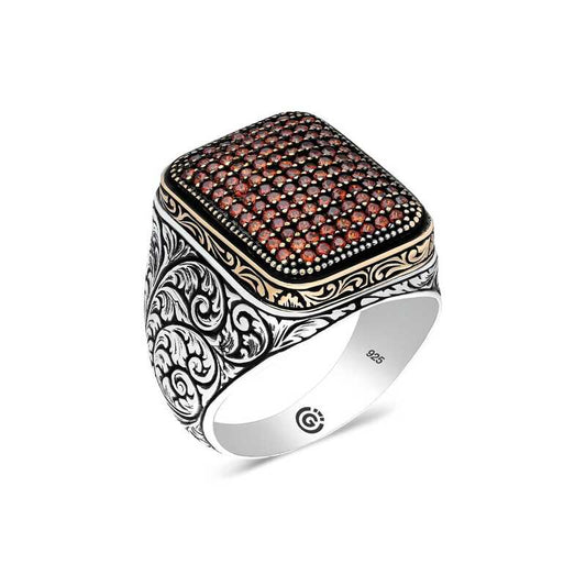 Red Zircon Stone Square Men's Silver Ring