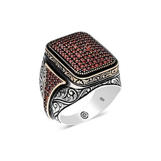 Red Zircon Stone Square Men's Silver Ring