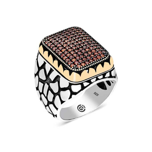 Red Zircon Stone Square Men's Silver Ring