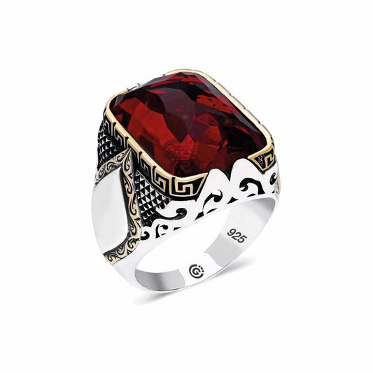 Red Zircon Stone Square Men's Silver Ring