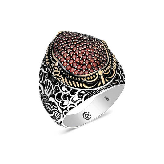 Red Zircon Stone Oval Men's Silver Ring