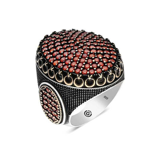 Red Zircon Stone Oval Men's Silver Ring
