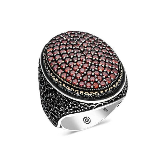 Red Zircon Stone Oval Men's Silver Ring