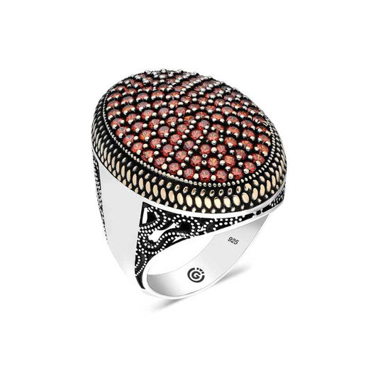 Red Zircon Stone Oval Men's Silver Ring